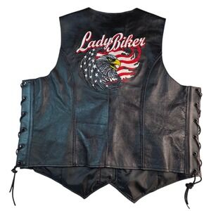 Women's Leather Vest Lady‎ Biker  3XL Embroidered Eagle USA Flag Corset Lace-Up